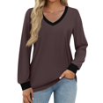thumbnail image 1 of WTOBBY Women's Fashion Casual Top with V-Neck and Color Block Design, Long Sleeve Shirt Style for Stylish Outfits, Comfort Fit for Everyday Use, Great for Layering,Coffee S, 1 of 5