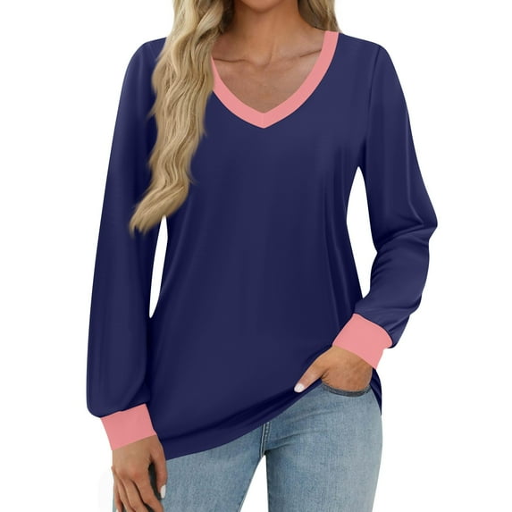 WTOBBY Women's Fashion Casual Top with V-Neck and Color Block Design, Long Sleeve Shirt Style for Stylish Outfits, Comfort Fit for Everyday Use, Great for Layering,Dark Blue 2XL
