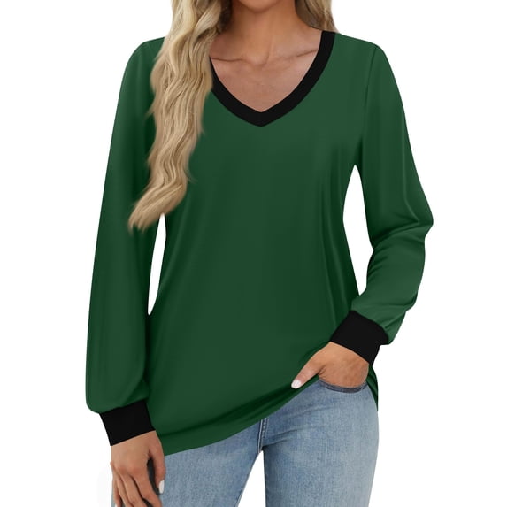 WTOBBY Women's Fashion Casual Top with V-Neck and Color Block Design, Long Sleeve Shirt Style for Stylish Outfits, Comfort Fit for Everyday Use, Great for Layering,Dark Green S