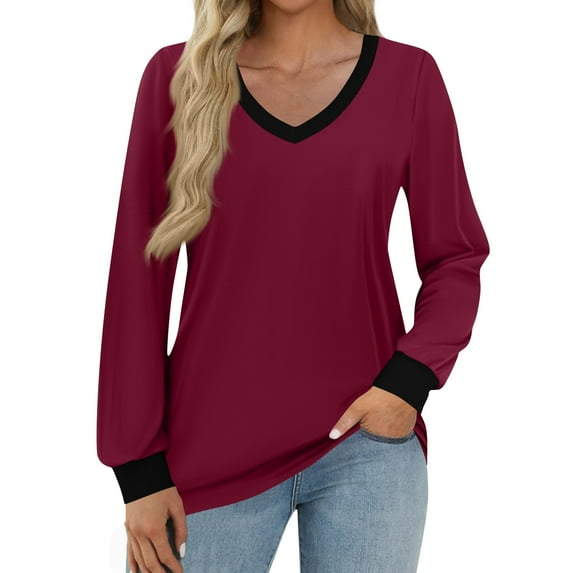 WTOBBY Women's Fashion Casual Top with V-Neck and Color Block Design, Long Sleeve Shirt Style for Stylish Outfits, Comfort Fit for Everyday Use, Great for Layering,Wine L