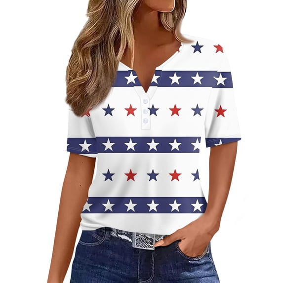 WTOBBY Women's Fashion Casual V-Neck Independence Day Print Button Detail Short Sleeve T-Shirt Tee Top for Daily Weekend Wear Basic Wardrobe Essential Comfort Fit,Light Gray L