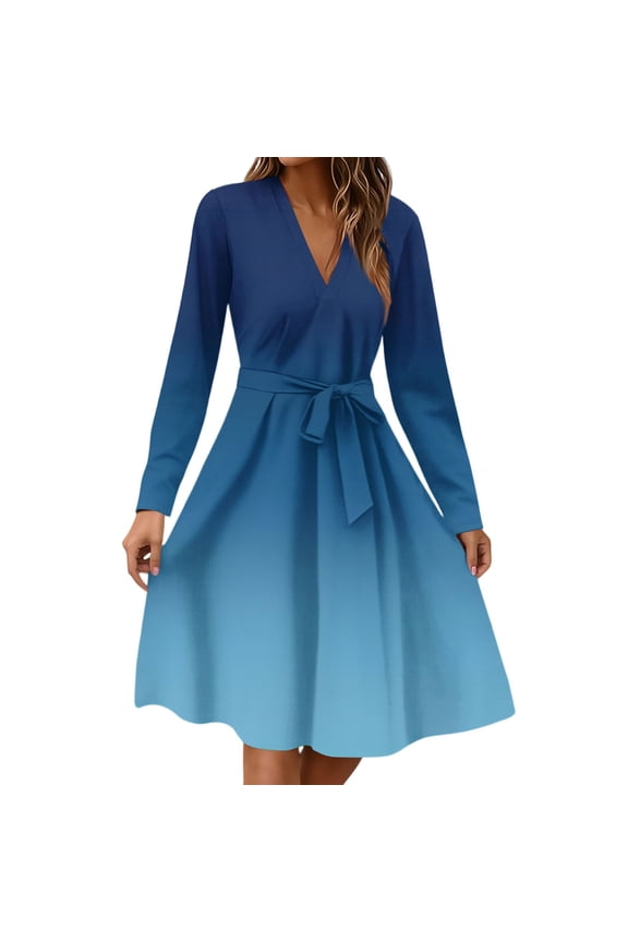 Women's Fashion Casual V-Neck Long Sleeve Waist Gradient Print Midi Dress Ombre Color Effect for Modern Look Flowy Silhouette with Tie Detail Perfect Transitional Dress,Blue S