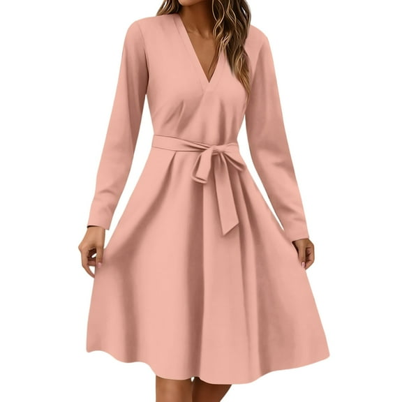 WTOBBY Women's Fashion Casual V-Neck Long Sleeve Waist Solid Color Floral Midi Dress Subtle Floral Accents on Solid Background Waist-Cinching Design for Slim Fit Versatile ,Pink S