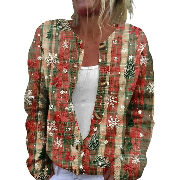 WTOBBY Women's Fashion Christmas Print Long Sleeve Knitted Cardigan Button Jacket, Festive and Cozy Holiday Sweater with Button Front for Winter Style,Red M