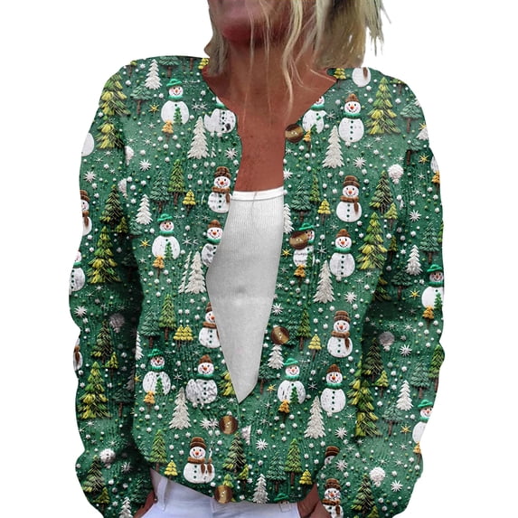 WTOBBY Women's Fashion Christmas Print Long Sleeve Knitted Cardigan Button Jacket, Holiday Themed Cozy Sweater with Festive Design for Winter Celebrations,Army Green L