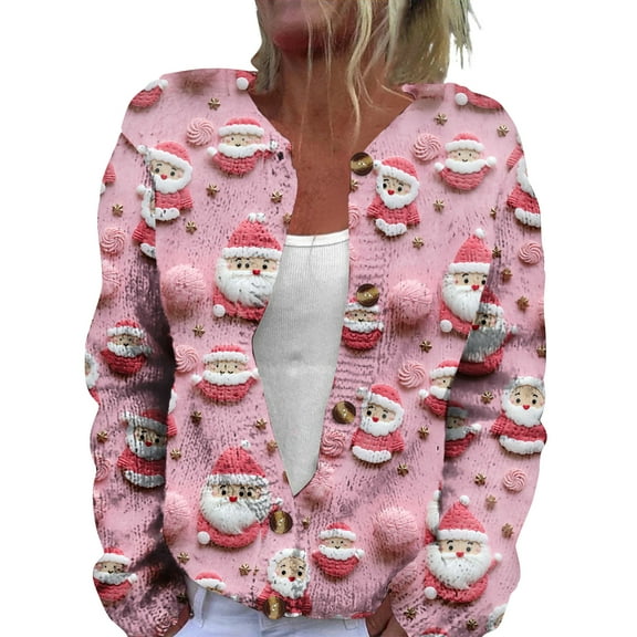 WTOBBY Women's Fashion Christmas Print Long Sleeve Knitted Cardigan Button Jacket, Holiday Themed Cozy Sweater with Festive Design for Winter Celebrations,Hot Pink S