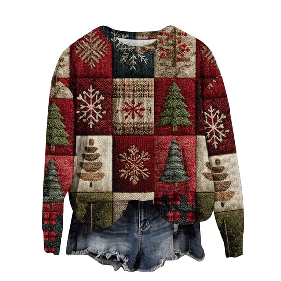 WTOBBY Women's Fashion Christmas Print Long Sleeve Loose Round Neck Sweatshirt Top for Fall, Holiday Pattern Comfortable Pullover, Casual Wear for Women with Festive Design,Vermilion XL