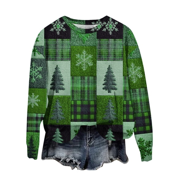 WTOBBY Women's Fashion Christmas Print Long Sleeve Loose Round Neck Sweatshirt Top for Fall, Holiday Pattern Comfortable Pullover, Casual Wear for Women with Festive Design,Army Green L