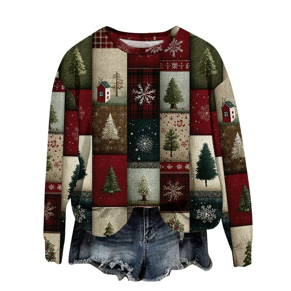 WTOBBY Women's Fashion Christmas Print Long Sleeve Loose Round Neck Sweatshirt Top for Fall, Holiday Pattern Comfortable Pullover, Casual Wear for Women with Festive Design,Wine 2XL