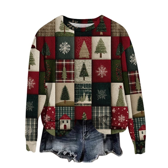 WTOBBY Women's Fashion Christmas Print Long Sleeve Loose Round Neck Sweatshirt Top for Fall, Holiday Pattern Comfortable Pullover, Casual Wear for Women with Festive Design,Watermelon Red L