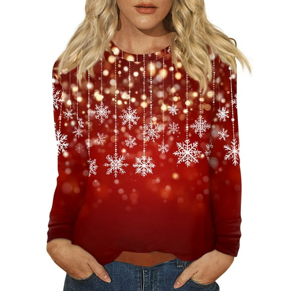 WTOBBY Women's Fashion Christmas Print Round Neck Long Sleeve Pullover Top, Holiday Themed Tree and Snowflake Design Sweater for Women,Vermilion S