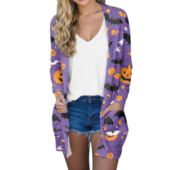 WTOBBY Women's Fashion Comfortable Halloween Printed Mid-Length Cardigan Jacket Casual Long Sleeve Open Front Cover Up With Pockets Fall Layering Piece,Dark Purple M