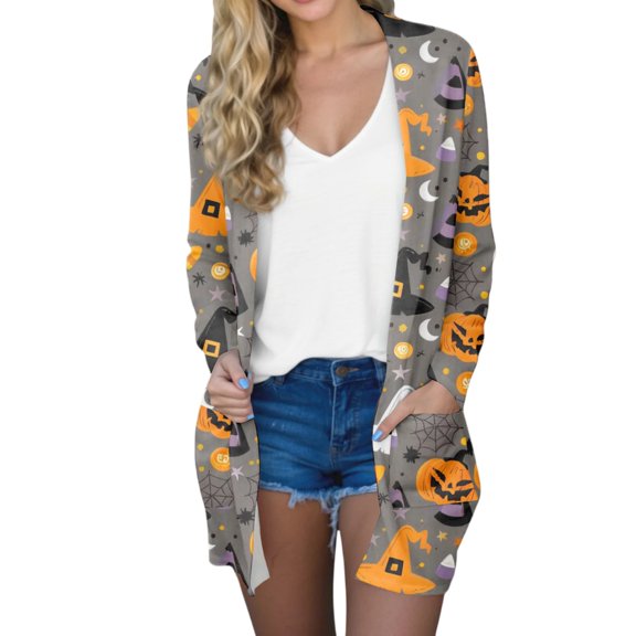 WTOBBY Women's Fashion Comfortable Halloween Printed Mid-Length Cardigan Jacket Casual Long Sleeve Open Front Cover Up With Pockets Fall Layering Piece,Gray S