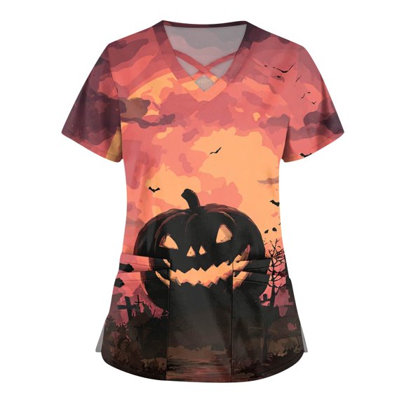 WTOBBY Women's Fashion Cross V-Neck Overalls with Short Sleeves and Double Pockets, Featuring Halloween Print for Workwear Tops and Caregiver Uniforms, Perfect for Nursing,Watermelon Red XL