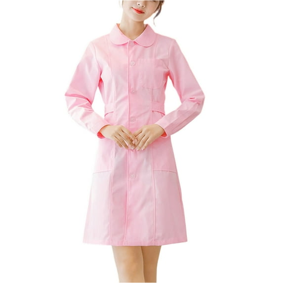 WTOBBY Women's Fashion Doll Collar Long Sleeve Solid Color Uniform Dress for Workwear and Casual Settings Comfortable Professional Design with Easy Care Fabric,Pink L