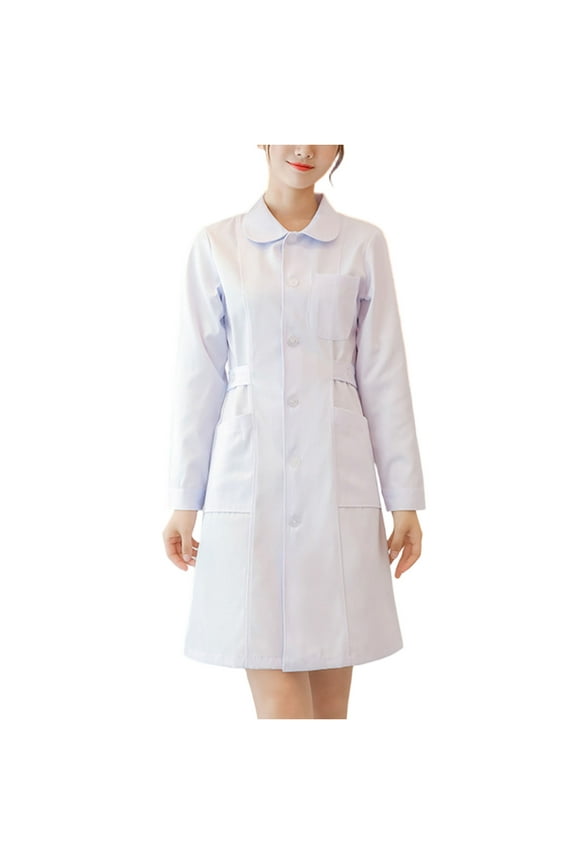 Women's Fashion Doll Collar Long Sleeve Solid Color Uniform Dress for Workwear and Casual Settings Comfortable Professional Design with Easy Care Fabric,White L