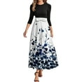 thumbnail image 1 of WTOBBY Women's Fashion Floral Pattern Belted Round Neck 3/4 Sleeve Midi Dress, Elegant Spliced Tunic Style Casual Wear for Summer Evening Events,Blue L, 1 of 4