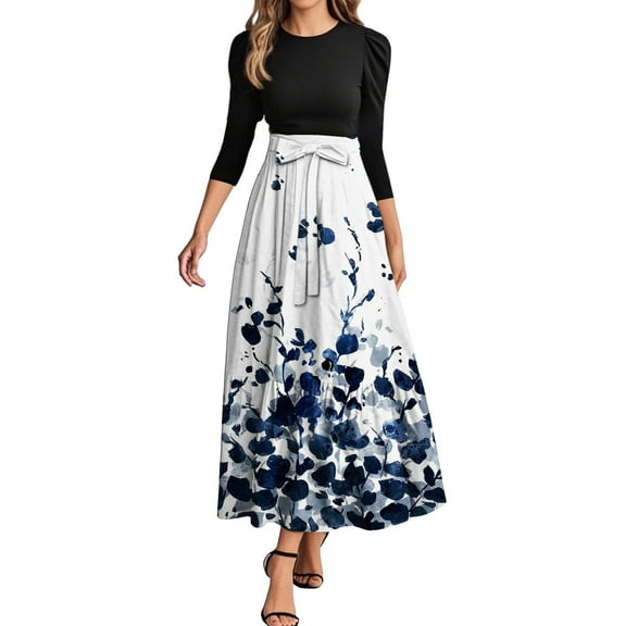 WTOBBY Women's Fashion Floral Pattern Belted Round Neck 3/4 Sleeve Midi Dress, Elegant Spliced Tunic Style Casual Wear for Summer Evening Events,Blue L
