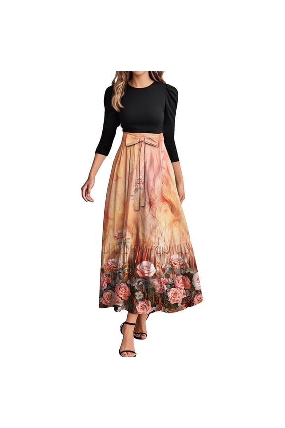 Women's Fashion Floral Pattern Belted Round Neck 3/4 Sleeve Midi Dress, Elegant Spliced Tunic Style Casual Wear for Summer Evening Events,Hot Pink XL