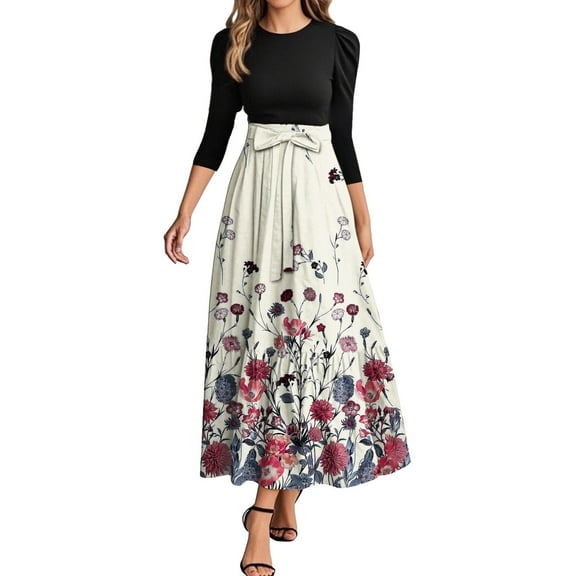WTOBBY Women's Fashion Floral Pattern Belted Round Neck 3/4 Sleeve Midi Dress, Elegant Spliced Tunic Style Casual Wear for Summer Evening Events,Multicolor L