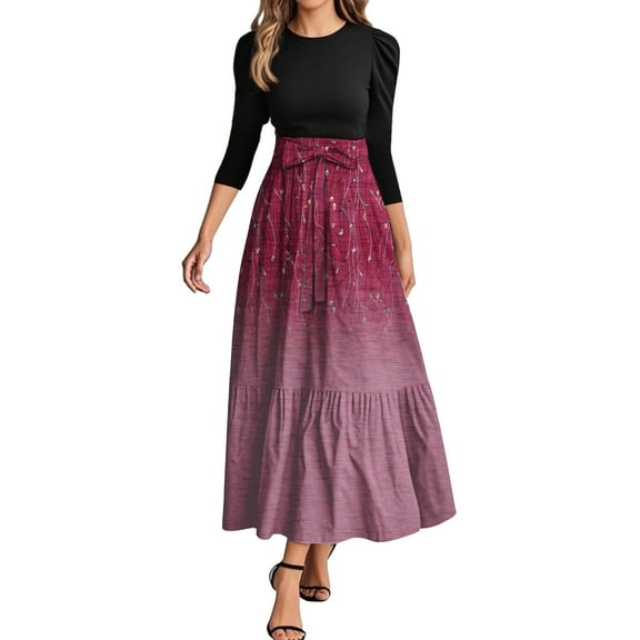 WTOBBY Women's Fashion Floral Pattern Belted Round Neck 3/4 Sleeve Midi Dress, Elegant Spliced Tunic Style Casual Wear for Summer Evening Events,Red L