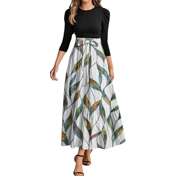 WTOBBY Women's Fashion Floral Pattern Belted Round Neck 3/4 Sleeve Midi Dress, Elegant Spliced Tunic Style Casual Wear for Summer Evening Events,White S