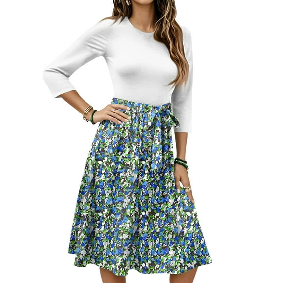 WTOBBY Women's Fashion Floral Print Belted Round Neck 3/4 Sleeve Dress, Casual Flowy Midi Sundress with Feminine Waist Accent,Dark Green M