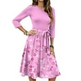 thumbnail image 1 of WTOBBY Women's Fashion Floral Print Belted Round Neck 3/4 Sleeve Dress, Casual Flowy Midi Sundress with Feminine Waist Accent,Light pink S, 1 of 5