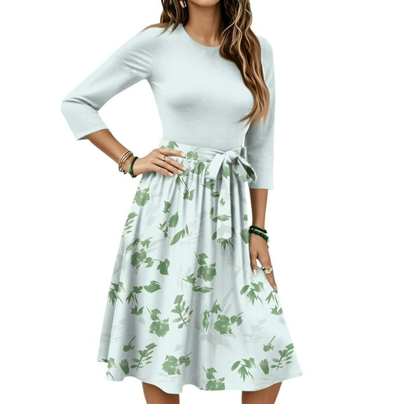 WTOBBY Women's Fashion Floral Print Belted Round Neck 3/4 Sleeve Dress, Casual Flowy Midi Sundress with Feminine Waist Accent,Mint Green S