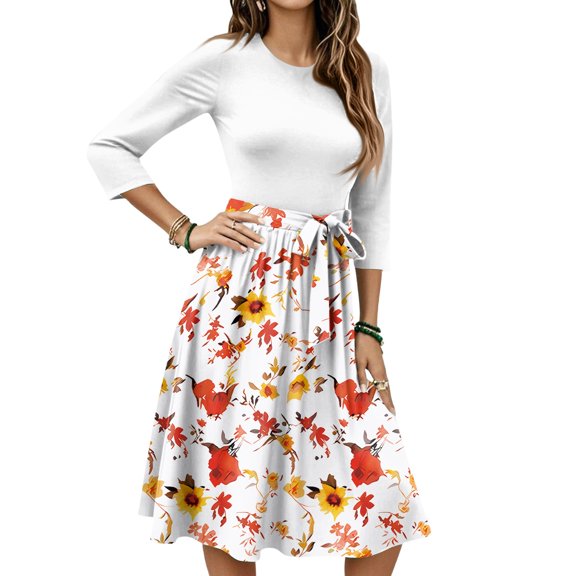 WTOBBY Women's Fashion Floral Print Belted Round Neck 3/4 Sleeve Dress, Casual Flowy Midi Sundress with Feminine Waist Accent,Orange S