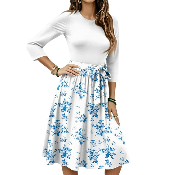 WTOBBY Women's Fashion Floral Print Belted Round Neck 3/4 Sleeve Dress, Casual Flowy Midi Sundress with Feminine Waist Accent,White S