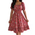 thumbnail image 1 of WTOBBY Women's Fashion Floral Print Square Neck Short Sleeve Waisted Ruffled A-Line Skirt Dress - Elegant and Feminine Dress with Floral Design, Ideal for Spring or Summer,Red L, 1 of 4