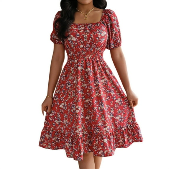 WTOBBY Women's Fashion Floral Print Square Neck Short Sleeve Waisted Ruffled A-Line Skirt Dress - Elegant and Feminine Dress with Floral Design, Ideal for Spring or Summer,Red L