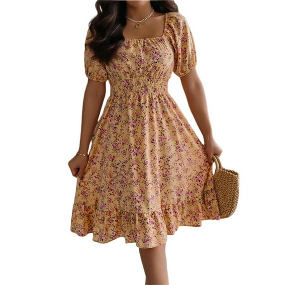 WTOBBY Women's Fashion Floral Print Square Neck Short Sleeve Waisted Ruffled A-Line Skirt Dress - Elegant and Feminine Dress with Floral Design, Ideal for Spring or Summer,Yellow 2XL