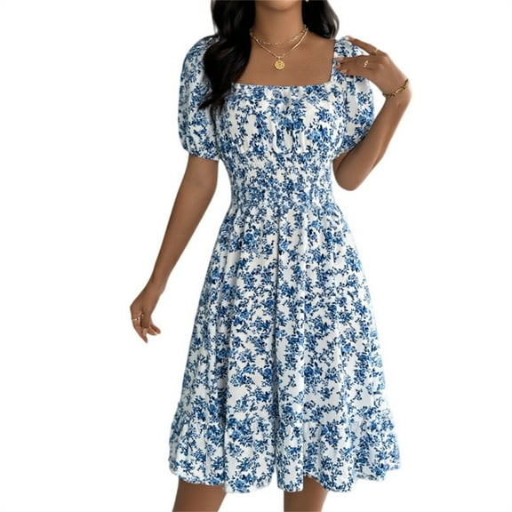 WTOBBY Women's Fashion Floral Print Square Neck Short Sleeve Waisted Ruffled A-Line Skirt Dress - Elegant and Feminine Dress with Floral Design, Ideal for Spring or Summer,Blue XL