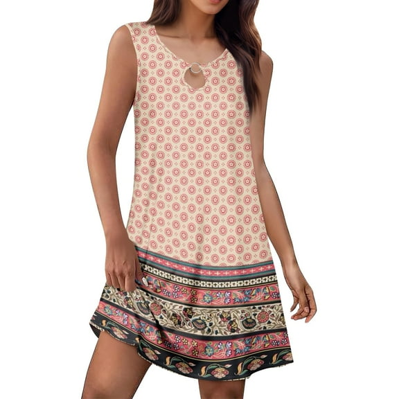 WTOBBY Women's Fashion Floral Print Tank Dress A-Line Sleeveless Casual Summer Pocket Dress with Side Slits for Street Style and Urban Fashion,Pink2XL