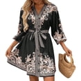 thumbnail image 1 of WTOBBY Women's Fashion Floral Print V-Neck 3/4 Sleeve Tie Waist Dress, Casual Midi Dress with Flattering Silhouette for Day to Night Transition,Black M, 1 of 6
