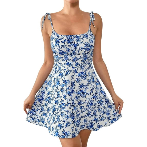 WTOBBY Women's Fashion Floral Print Waisted Spaghetti Strap Dress for Casual Summer Wear, Slim Fit and Elegant Design, Perfect for Evening Outings and Special Occasions,Blue S