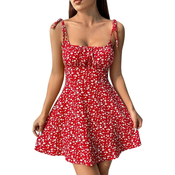 WTOBBY Women's Fashion Floral Print Waisted Spaghetti Strap Dress for Casual Summer Wear, Slim Fit and Elegant Design, Perfect for Evening Outings and Special Occasions,Red L