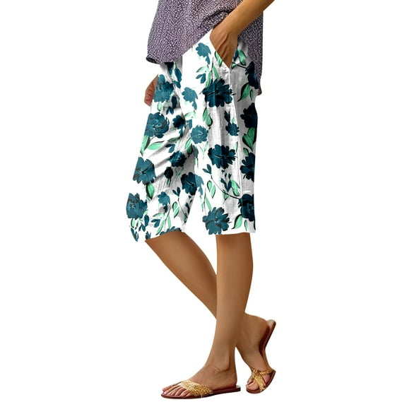 WTOBBY Women's Fashion Floral Printed Elastic Waist Bermuda Shorts Featuring Pockets, Casual and Stylish Design, Breathable Warm Season Comfort,Army Green L