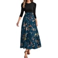 thumbnail image 1 of WTOBBY Women's Fashion Floral Stitching Belted Round Neck 3/4 Sleeve Dress, Elegant Casual Midi Dress with Feminine Details for Office Wear,Dark Blue 2XL, 1 of 4