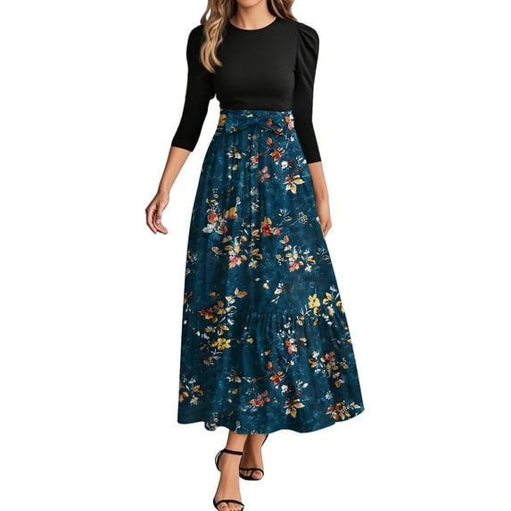 WTOBBY Women's Fashion Floral Stitching Belted Round Neck 3/4 Sleeve Dress, Elegant Casual Midi Dress with Feminine Details for Office Wear,Dark Blue 2XL