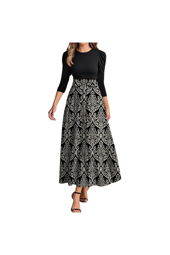 Women's Fashion Floral Stitching Belted Round Neck 3/4 Sleeve Dress, Elegant Casual Midi Dress with Feminine Details for Office Wear,Light Gray L