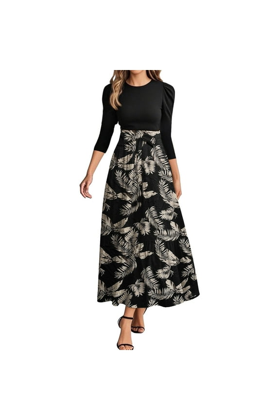 Women's Fashion Floral Stitching Belted Round Neck 3/4 Sleeve Dress, Elegant Casual Midi Dress with Feminine Details for Office Wear,Black L