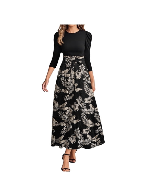 Women's Fashion Floral Stitching Belted Round Neck 3/4 Sleeve Dress, Elegant Casual Midi Dress with Feminine Details for Office Wear,Black L