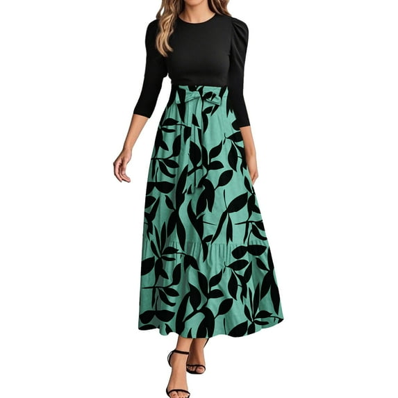 WTOBBY Women's Fashion Floral Stitching Belted Round Neck 3/4 Sleeve Dress, Elegant Casual Midi Dress with Feminine Details for Office Wear,Green 2XL
