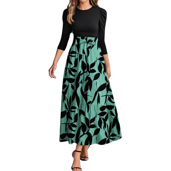 WTOBBY Women's Fashion Floral Stitching Belted Round Neck 3/4 Sleeve Dress, Elegant Casual Midi Dress with Feminine Details for Office Wear,Green S