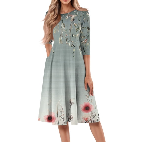 WTOBBY Women's Fashion Forward Round Neck Floral Print 3/4 Sleeve Dress, Contemporary Digital Design Midi Dress with Comfort Fit,Mint Green S