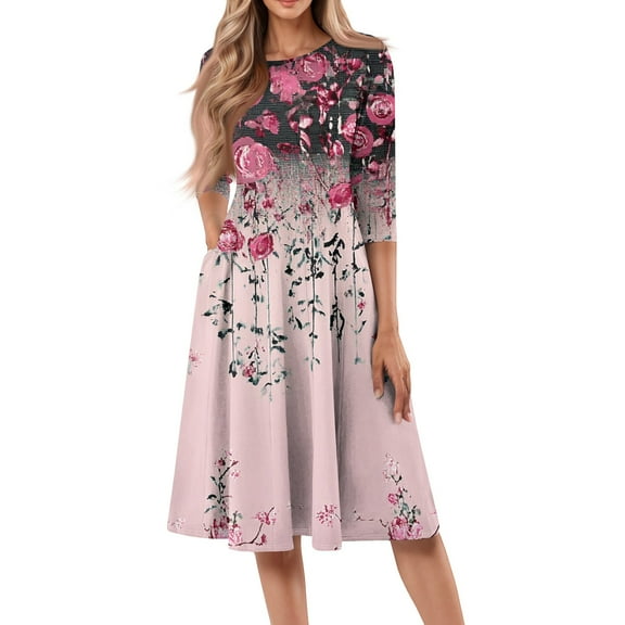 WTOBBY Women's Fashion Forward Round Neck Floral Print 3/4 Sleeve Dress, Contemporary Digital Design Midi Dress with Comfort Fit,Pink S