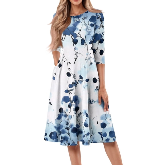 WTOBBY Women's Fashion Forward Round Neck Floral Print 3/4 Sleeve Dress, Contemporary Digital Design Midi Dress with Comfort Fit,Sky Blue S
